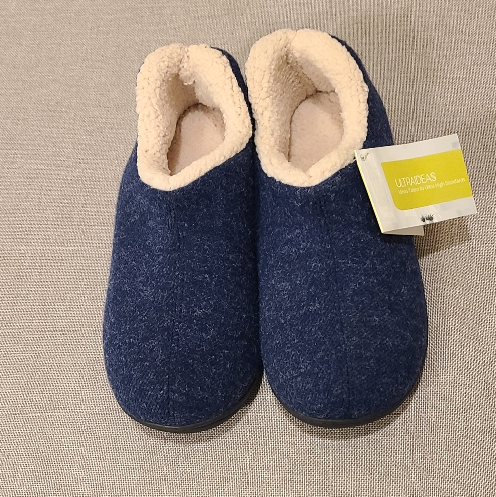 UltraIdeas Womens Slip On Memory Foam Slipper Faux Sherpa Lined Navy Size 7 NWT